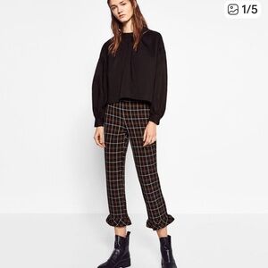Zara Black and Brown Plaid Ruffle Hem Pants